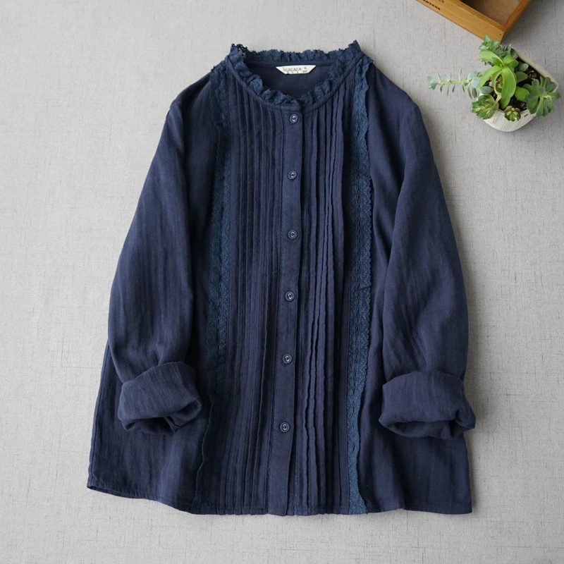 

Spring Autumn New Arrivals Women Casual Brief All-match Loose Sweet Pleated Comfortable Cotton Pullover Shirts/Blouses 2 Colors