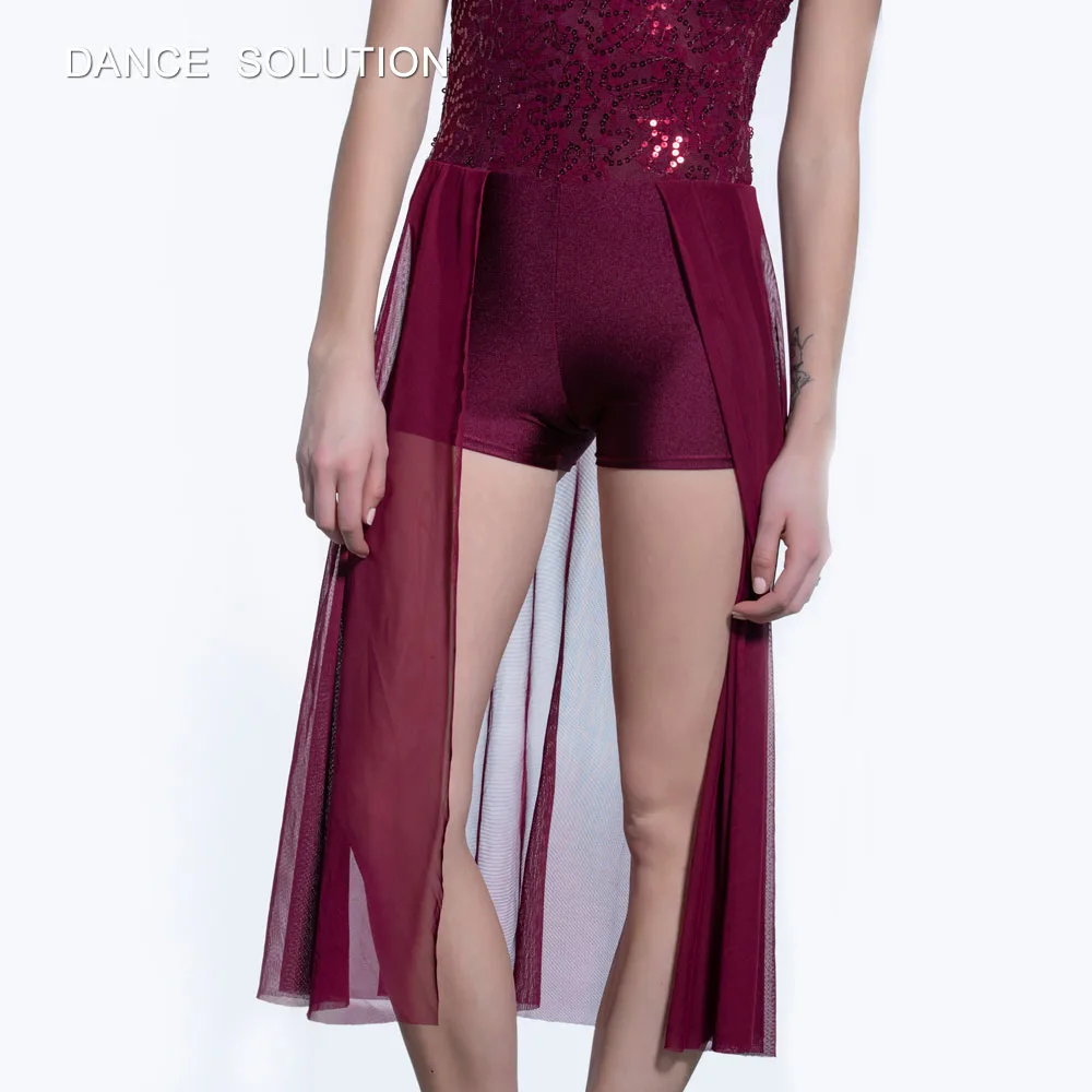 Бордовое гимнастическое трико из спандекса с блестками и трико, сетчатая юбка, современный танцевальный костюм для девочек и женщин, танцевальная одежда 19616