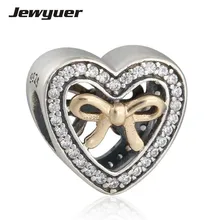 Осенняя коллекция, подвески в виде сердечек, Стерлинговое Серебро 925 пробы, ювелирное изделие с золотым бантом, шарм, подходит для браслетов из бисера, сделай сам для женщин Memnon GD091