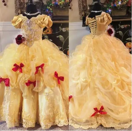 

SexeMara Gold Flower Girls Dresses Short Sleeves Lace Applique Tiered Ruffles Crystals Girls Pageant Gowns Birthday Dress 2-16Y
