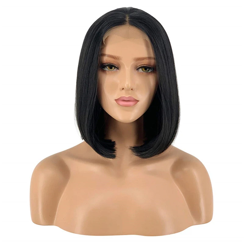 RONGDUOYI Silky Straight Black Short Bob Synthetic Lace Front Wigs with Middle Part for Women Realistic HandTied Daily Wear Wig
