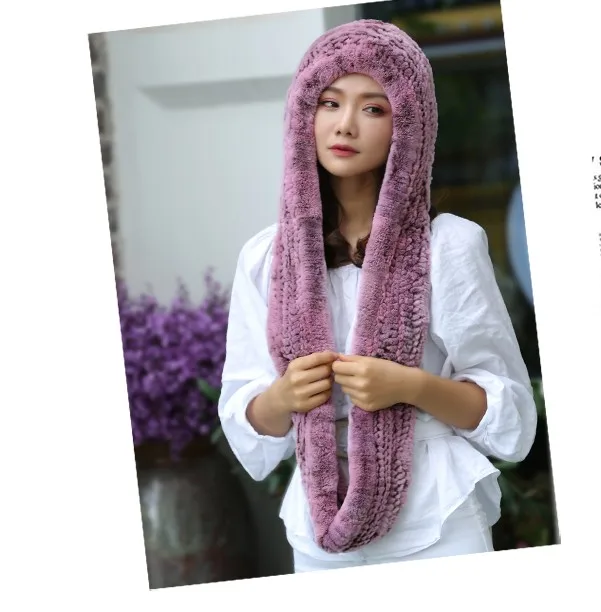 Вязаный Настоящий мех кролика шапка шарф с капюшоном Женская мода ручная работа зима теплый натуральный мех шапка с шейные шарфы