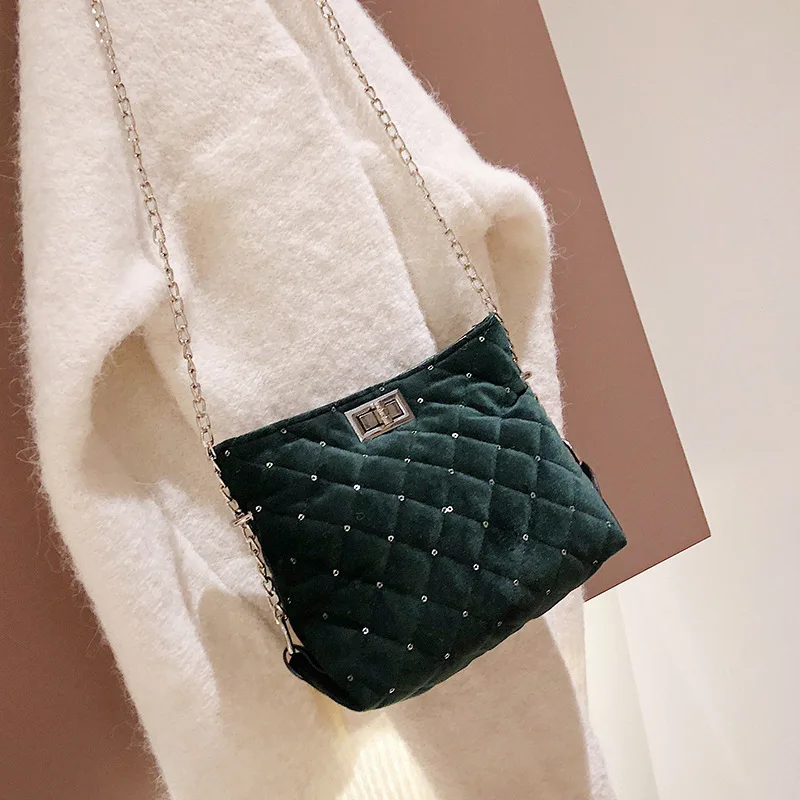

New Arrival Velvet Bag Women's 2020 New Style Fashion Korean-style Versatile Crossbody Bag Rhombus Bag with Chain Square Sling B