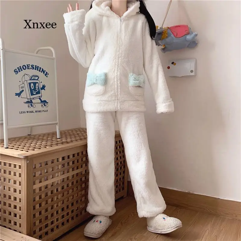 

Long Ears Zip Coat Pajama Set Japanese Winter Kawaii Cute Coral Fleece Plush Trousers Warm Thickened Soft Homewear Women Set