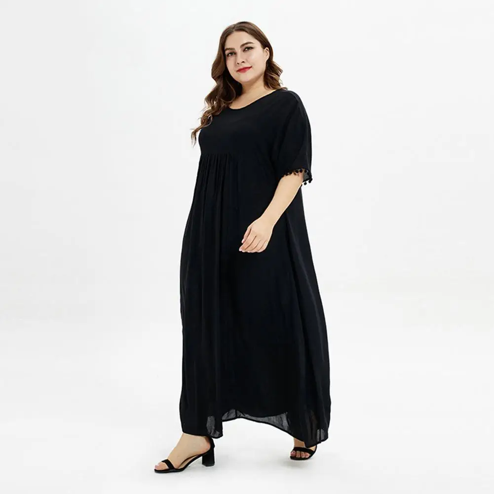 Yfashion женское элегантное платье модное Повседневное платье с кисточками Женская одежда из хлопка летние длинные платья с коротким рукавом черный