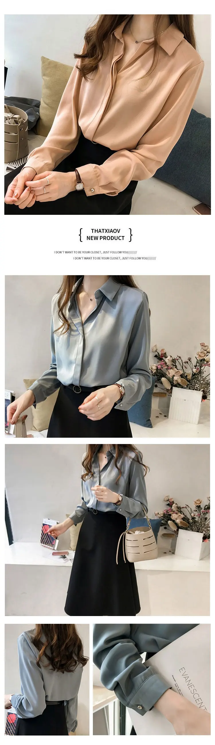 Solid Color Long Sleeve Chiffon Blouse