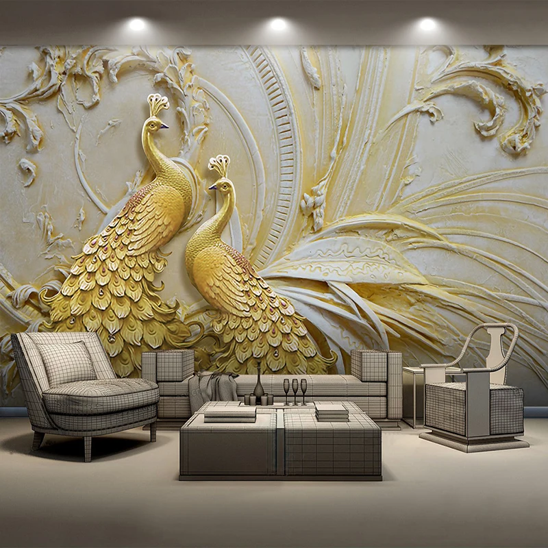 

Custom Mural Wallpaper For Walls 3D Stereoscopic Embossed Golden Peacock Background Wall Painting Living Room Bedroom Home Decor