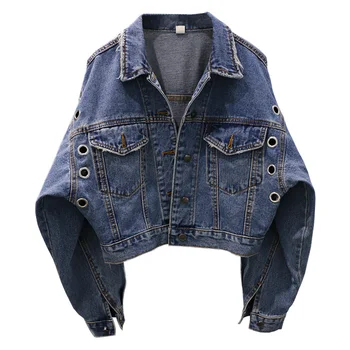 

2019 autumn fashion metal ring rhinestone pocket denim jacket women loose bf style bat sleeve jeans coat