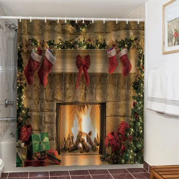 

Christmas Fireplace Shower Curtain Waterproof Durable Polyester Fabric Xmas Elk Bathroom Curtains with Hooks Home Decor шторы