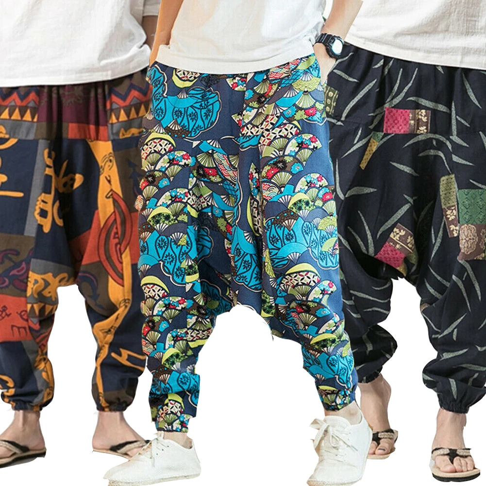 Осенние мужские хлопковые шаровары с карманами, штаны для бега в стиле хип-хоп, цыганские хиппи, мужские брюки с заниженным шаговым швом, мужские спортивные штаны, уличная одежда
