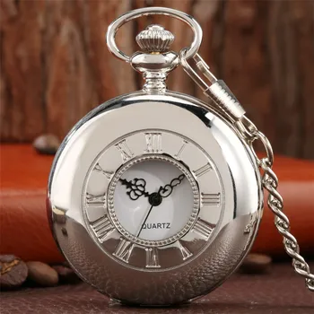 

Smooth Silver Engraving Roman Number Half Hunter Quartz Pocket Watch Exquisite Retro Jewelry Pendant Pocket Clock Fob Chain