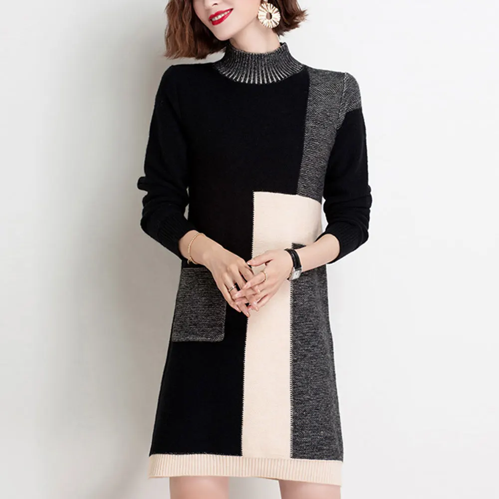 YISU Autumn Winter Women Sweater Dress Turtleneck Sweater Dress Fashion Warm Knitted Pullover Dress Casual Female Jumper Dress