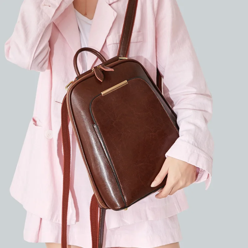 

2019 new waxed leather women's shoulder bag European and American style Joker leather shoulder bag