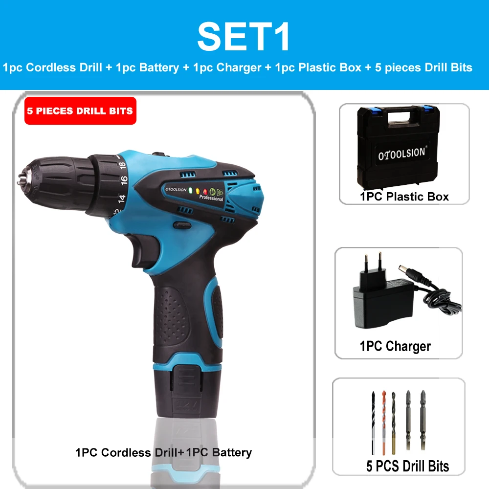 SET1 (1 pc battery) Шуруповерт с двойной скоростью 12 В на батареях шуруповёрт электрические инструменты электрическая беспроводная дрель с коробкой для инструментов 5 шт. сверла - Цвет: SET1 (1 pc battery)