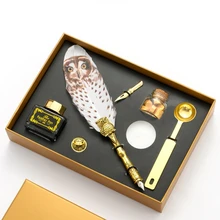 Stylo de calligraphie rétro, plume de hibou, avec plume, sceau de cire, boîte cadeau, papeterie fournitures scolaires