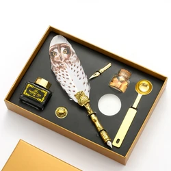 Pluma de búho Retro Para caligrafía, pluma con punta, sello de cera, caja de regalo, papelería, suministros escolares, suministros de papelería