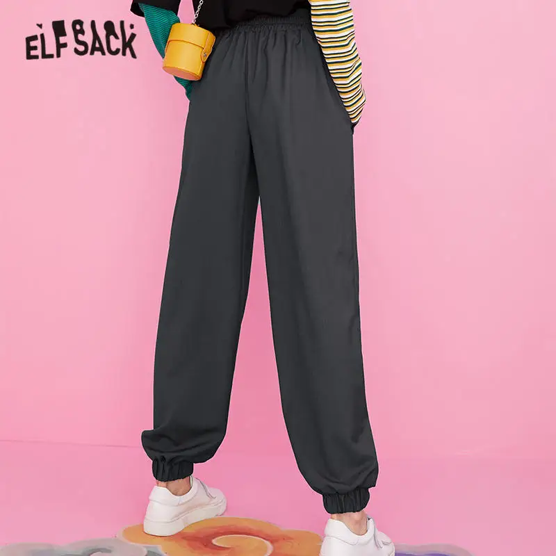ELFSACK, серые, одноцветные, с эластичной талией, повседневные, женские штаны-шаровары,, зимние, зеленые, чистые, корейские, с карманами, обтягивающие, для девушек, повседневные брюки