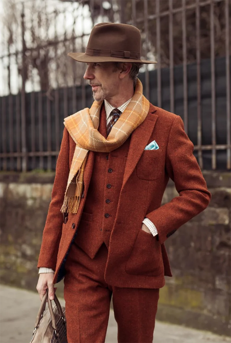 Vintage Men Suits Wool Blend Tweed Notch Lapel Tailored Costume Homme Tailor-Made 3 Pieces Blazer Coats Vest Pants Business Prom