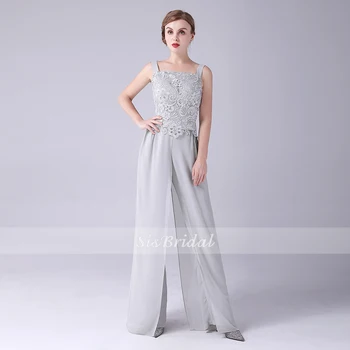 

Square Long Wide Leg High Waist Chiffon Lace Mothe of the Bride Jumpsuit For Wedding Party