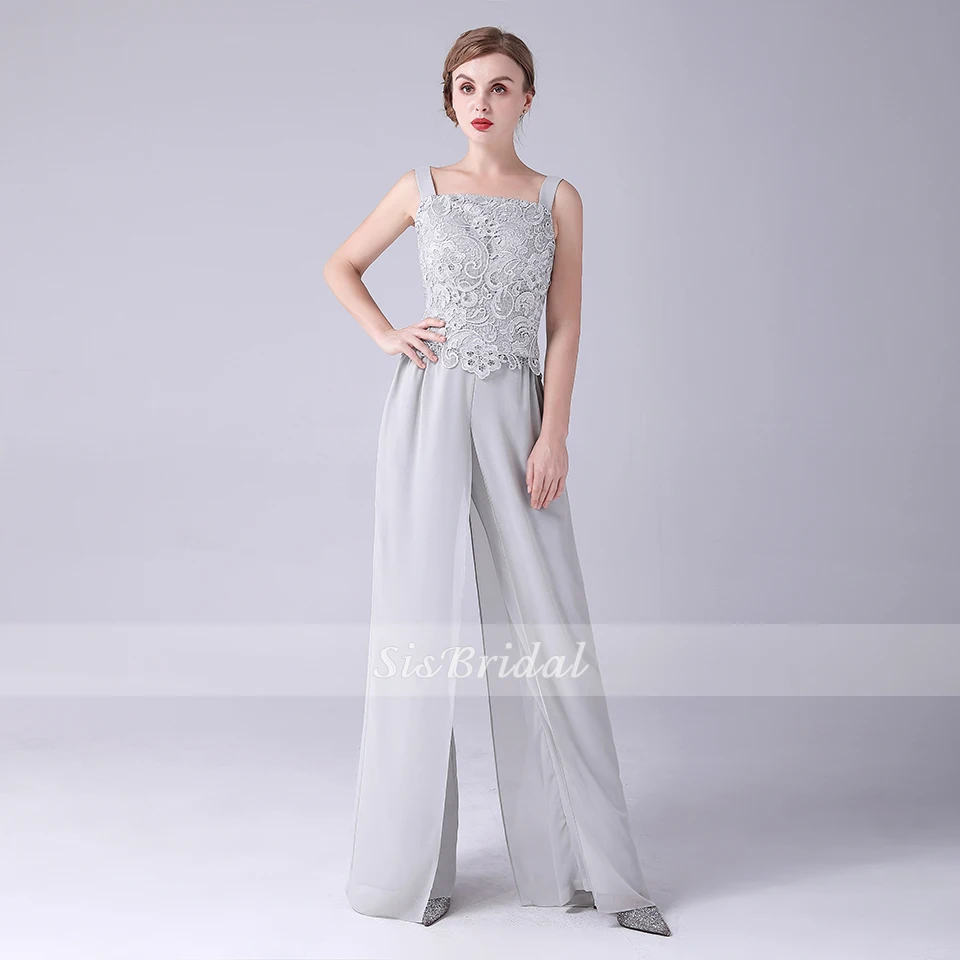 Vierkante Lange Wijde Pijpen Hoge Taille Chiffon Kant Mothe van de Bruid Jumpsuit Voor Wedding Party Vierkante Lange Wijde Pijpen Hoge Taille Chiffon Kant Mothe van de Bruid Jumpsuit Voor Wedding Party