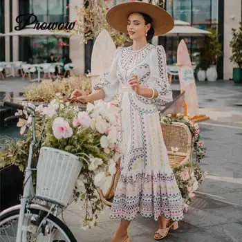 

2020 New Arrive High Quality Floral Embroidery Women Dress Long Puff Sleeve Hollow Out Floral Lady Maxi Dresses Birthday Clothes