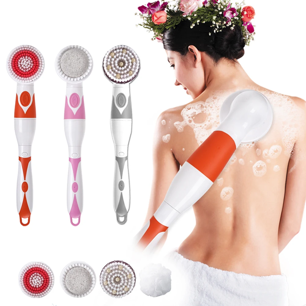 

Interchangeable Electric Bathing Brush Long Handle Spinning Cleaning Spa Massage Shower Body Brush Sets Back-Rubbing Brush
