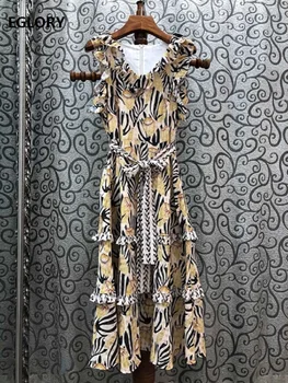 

2020 Summer Fashion Silk Dress High Quality Women V-Neck Color Block Print Ruffle Deco Sleeveless Mid-Calf Length Casual Dress