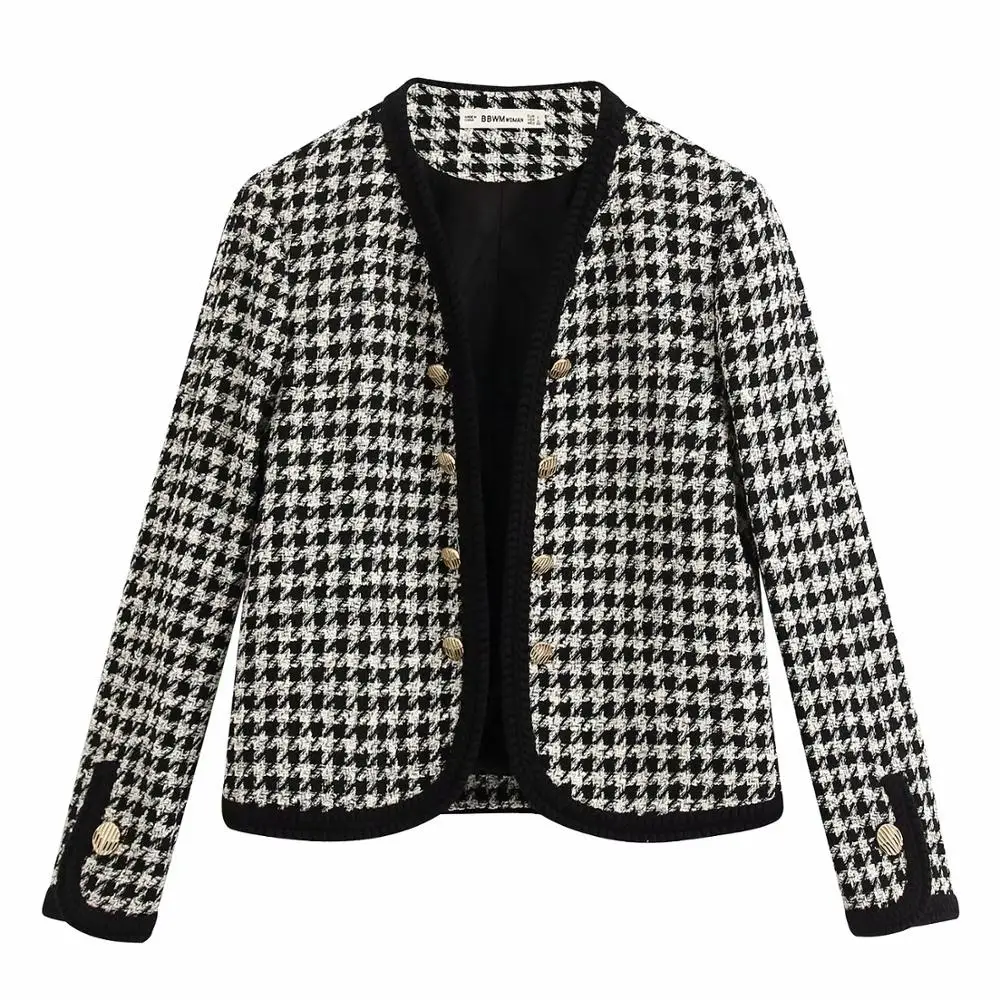 Женская черно белая клетчатая куртка 2020 модная женская короткая с v образным