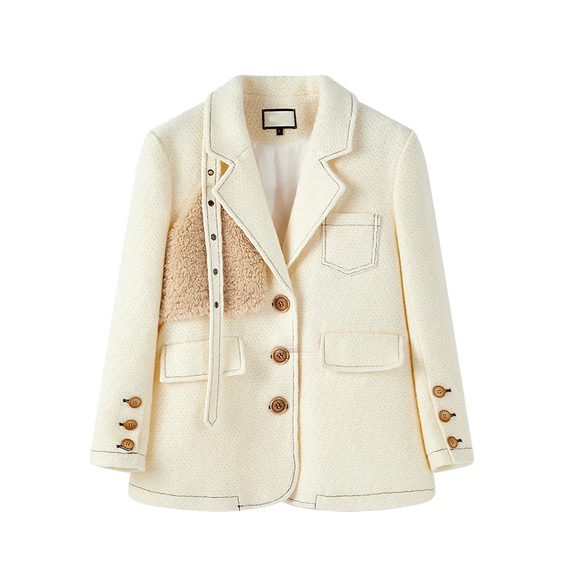 

Autumn Winter Solid Beige White Blazer Jacket Women Spliced Fashion OL Lady Blazers Single Breasted Woolen Loose Coats 2020
