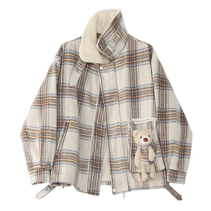 

Winter College Wind Bear Woolen Coat 2020 Plaid Stitching Imitation Lamb Wool Coat Trendy Warm And Comfortable Jacket