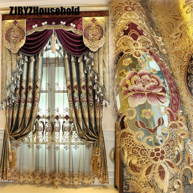 High end Curtains for Living Room European Style Gold Leather Water Window Curtain Bedroom Villa