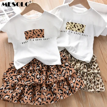 

Girls Clothes Set 2019 Summer White Shirt + Leopard Cake Skirt 2 Pieces Necklace Sets Kid Basic Casula Cotton Clothing Suit