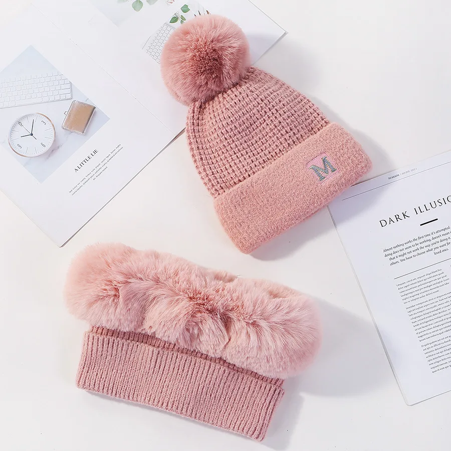 pink Зимняя женская вязаная шапка, шарф, комплект из 2 предметов, женские бархатные утепленные ветрозащитные меховые шапки, шарф, набор для девочек, повседневные снежные шапки - Цвет: pink
