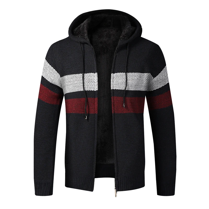 

Men Winter Sweater Jacket Thick Fleece Sweatercoat Warm Hooded Cashmere Cardigan Coat Striped Knitted Zipper Sweaters Size 3XL