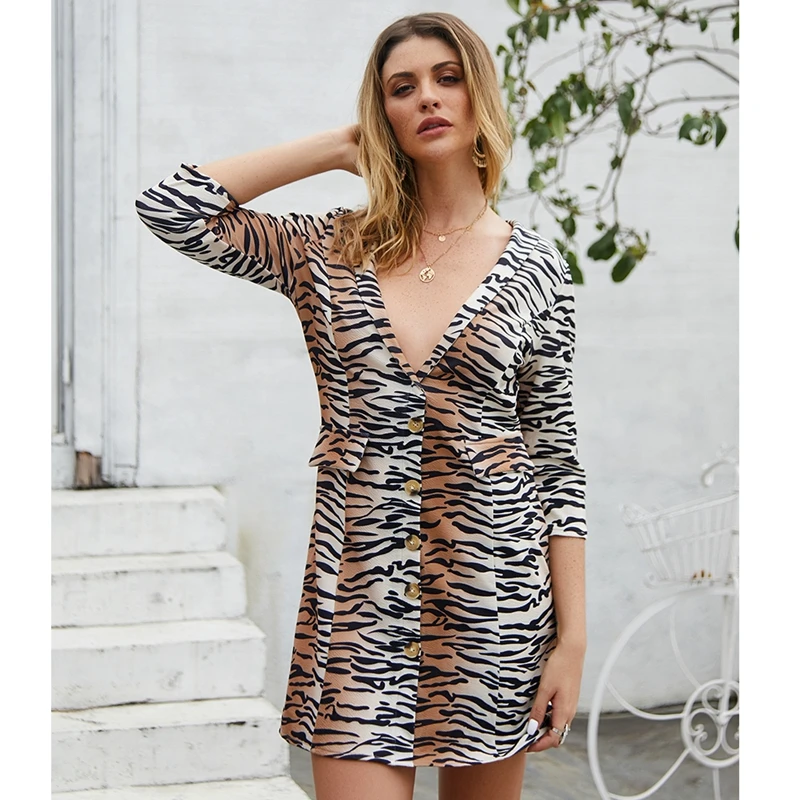 

Women Dress Autumn 2019 Ladies Tiger Print Dresses Sexy Women V Neck Half Sleeve Mini Dress Womens Dresses Fall Evening Party