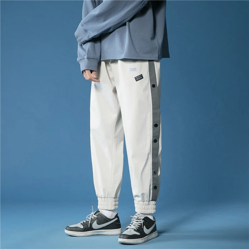 

Classic Jogger Men Pants Cut Off Split Side Long Pants Trousers Stre Korean Fashion Buttons Wide Leg Baggy Stylish Casual Length