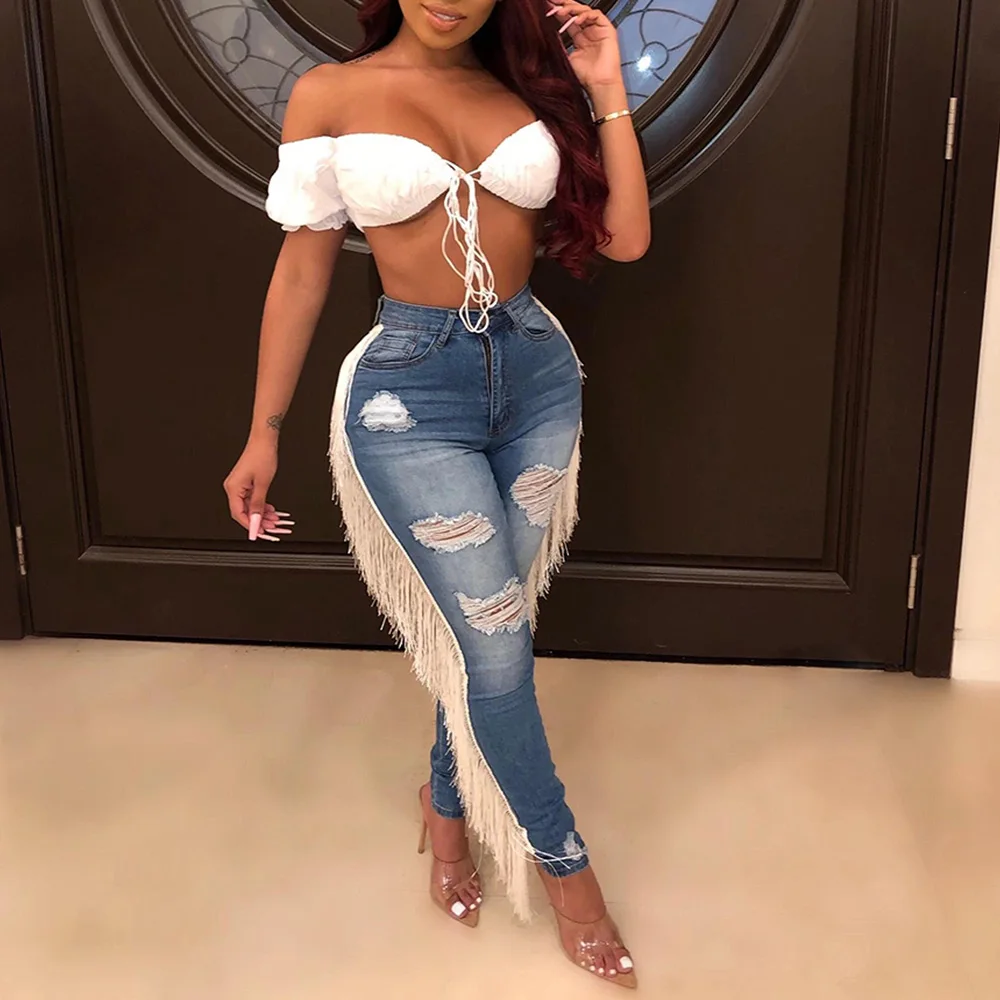 

2020 Women Summer Autumn Tassel Jeans Vintage Mid Waist Denim Pants Hole Skinny Jeans Pants Ladies Streetwear Pancil Pants D30