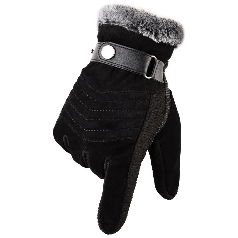 B02 Black Outdoors Antiskid Gloves Men Winter Thicken Warm Gloves Retro PU Leather Patchwork Touchscreen Gloves Plush Fleece Guantes - Цвет: B02 Black