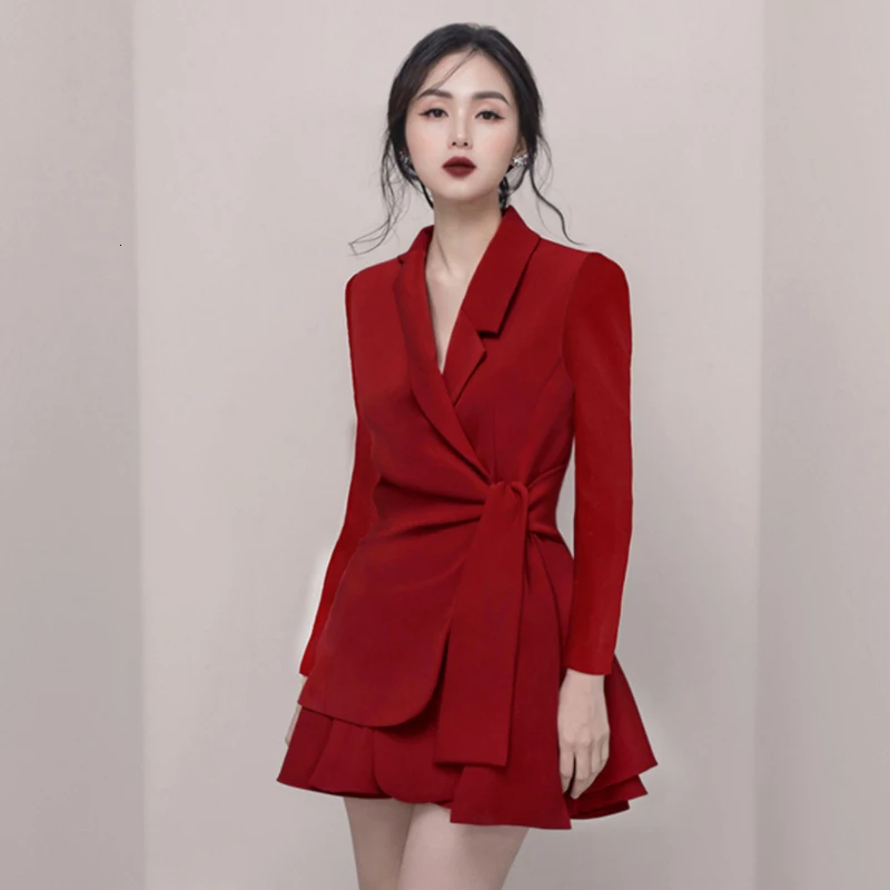 

New Office Lady Red Business Suit 2 Piece Set Runway Women Suit Collar Lace-up Long Blazer Coat + Pleated Skirt Two Piece Set
