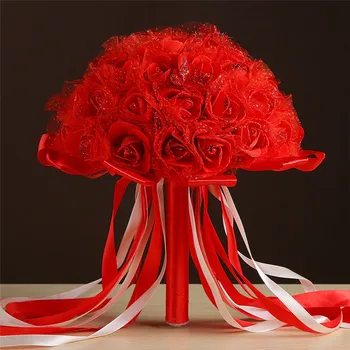 

White Red Artificial Bouquets Roses Bride Bridal Wedding Party Bouquet Holy Flower Decor