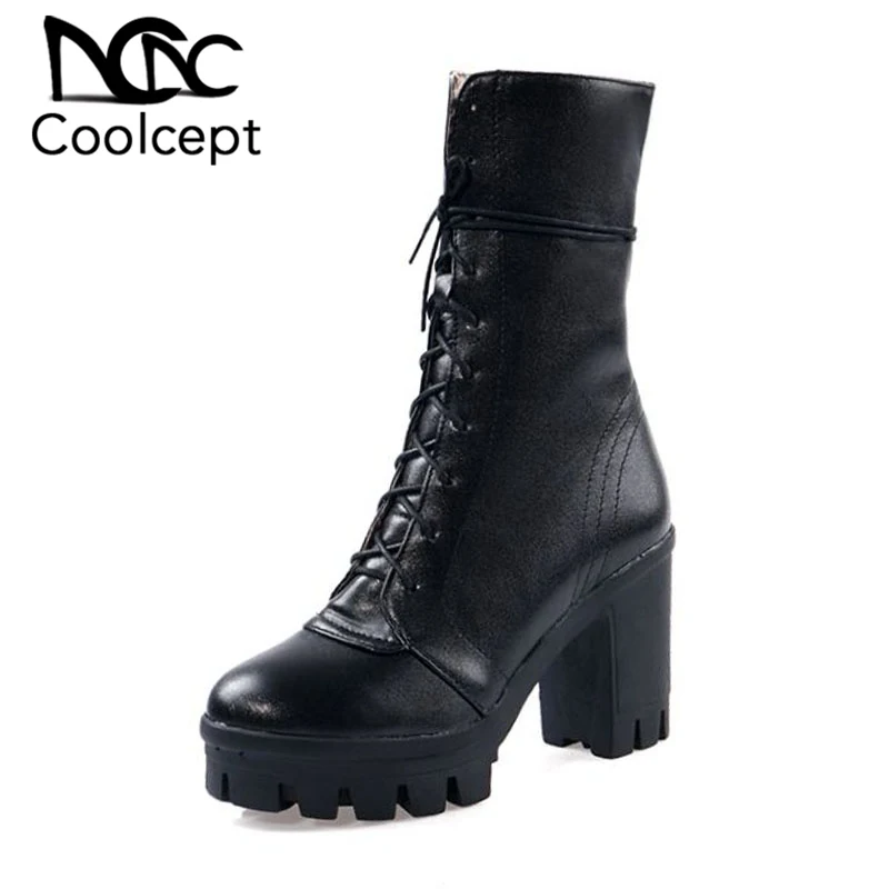 

Coolcept Women Half Short Boots 2020 Winter Cross Strap High Heels White Boots Casual Warm Fur Platform Footwear Size 34-43
