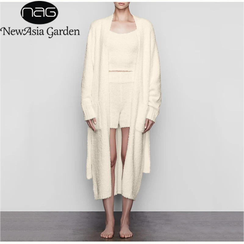 

NewAsia Winter 2 Piece Sweater Set Women Crop Top Elastic Waist Shorts Set Oversize Cardigan Knitted Coat Woman Lady Casual Suit