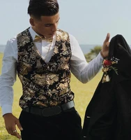 Mens Gold Metallic Paisley Printed Steampunk Vest Single Breasted V Neck Wedding Waistcoat Men Tuxedo Aristocrat Vests Gilet 2XL 2