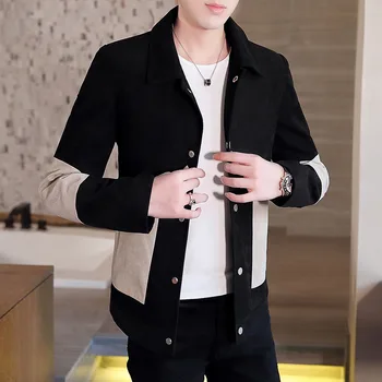 

Men's color matching lapel jacket, spring and autumn polyester fiber fashion trend, youth slim patch pocket sleeve coat