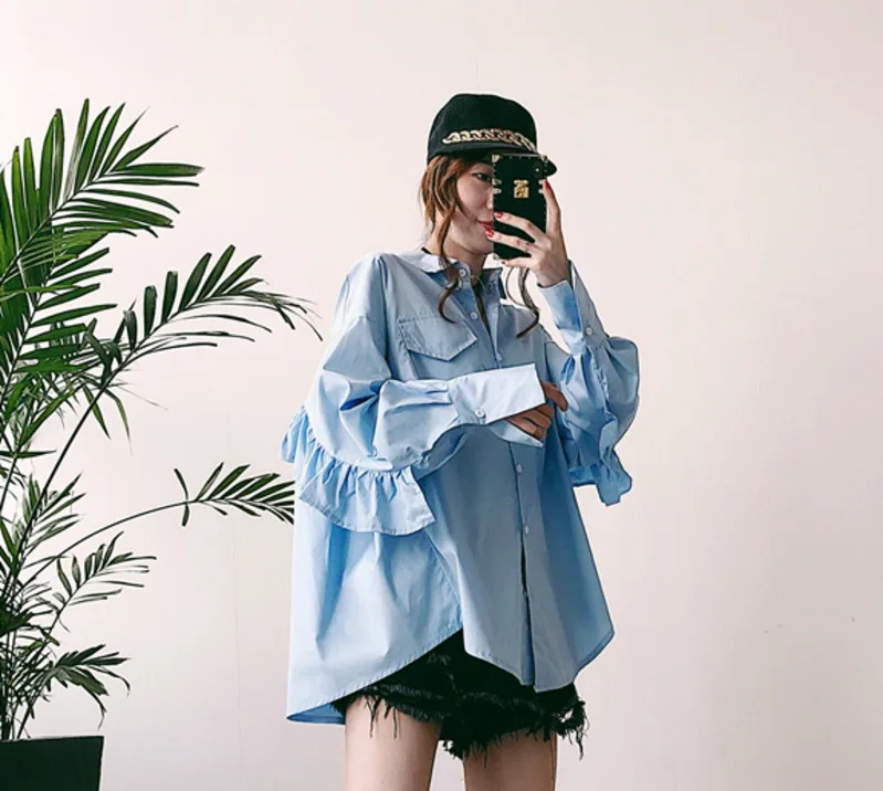blue Корейская Осенняя Новинка, Корейская повседневная женская рубашка средней длины с рукавом-бабочкой и отложным воротником с оборками J322 - Цвет: blue