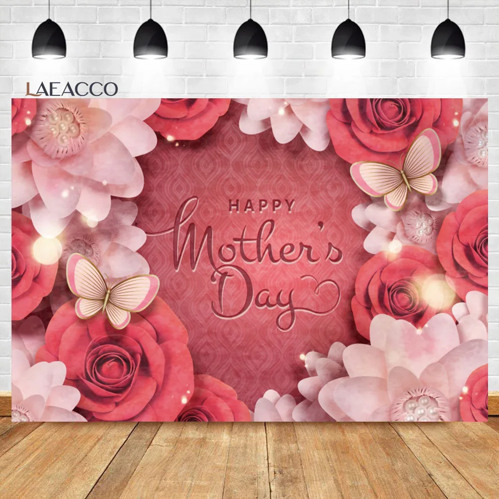 

Laeacco Happy Mothers Day Photocall Backdrop Pink Floral Butterfly Women Girl Birthday Portrait Customzed Photography Background