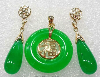 FREE SHIPPING&gt&gt@&gt Jewelry 001250 Green Jade 18KGP Fortune Round Pendant Necklace Drop Earrings Set Natural jewelry | Украшения и
