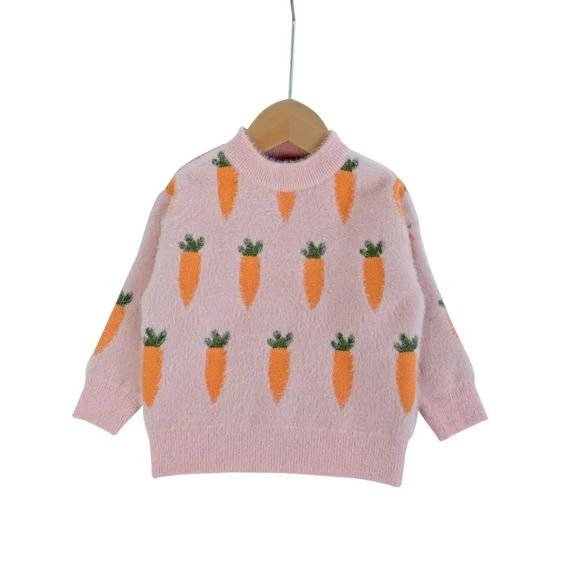 Осень-зима, бархатный свитер с круглым вырезом, милый пуловер с рисунком моркови, рубашка, свитер для маленьких девочек