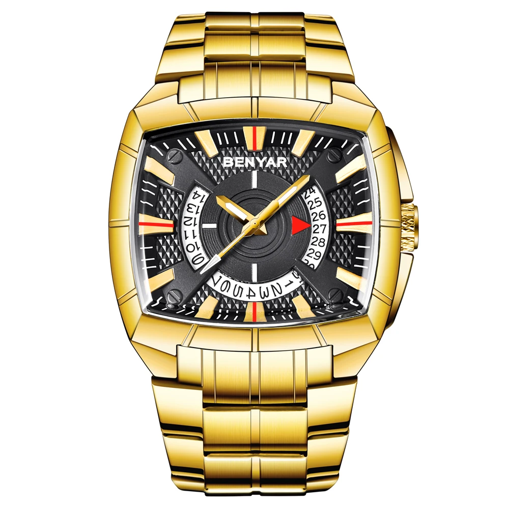 BENYAR Для мужчин часы Бизнес Золотой Нержавеющая сталь Для мужчин кварцевые спортивные часы модный топ бренд творческий Водонепроницаемый Наручные часы