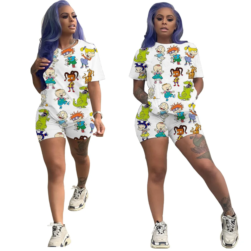 

Casual Fashion Printing Plus Size 2 Piece Set Mujer 6 Colors Summer Short Sleeve Shorts Suit Two Piece Set Female